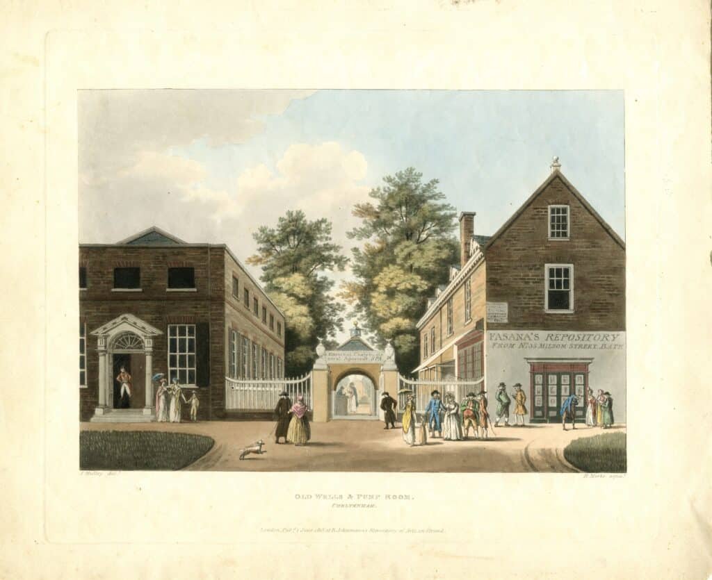 The Old Wells and Pump Room, Cheltenham, an aquatint by Thomas Hulley, 1813.